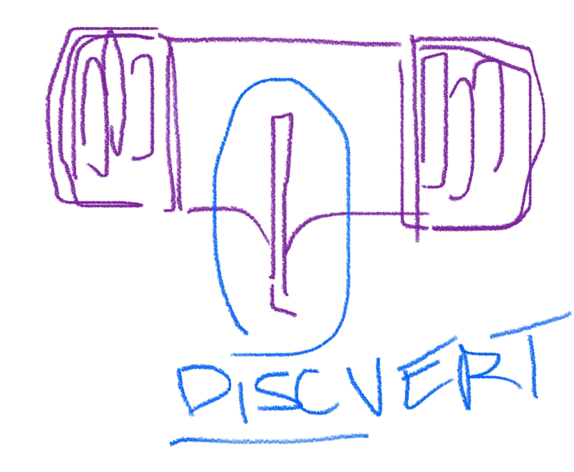 a sketch in digital purple pencil of ReBoot version one's top view:
a box-shaped robot with shuffle pods on each side and a protruding thin disc