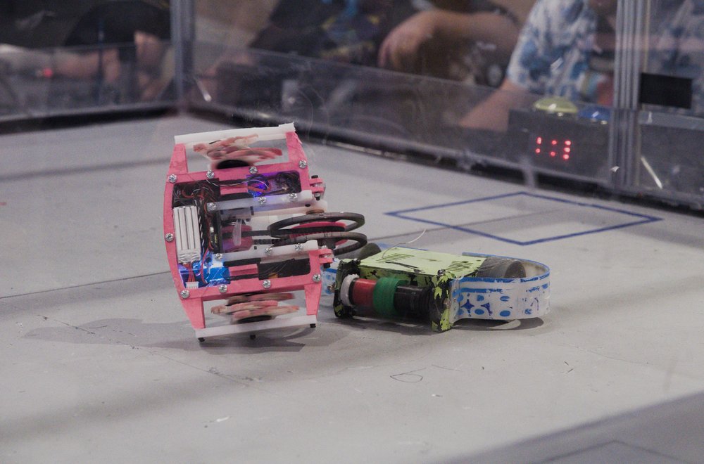 ReBoot fighting drum spinner Guacamole.
ReBoot is upside-down, and through its clear polycarbonate bottom plate, its battery, wiring, and a couple of lights
are visible.